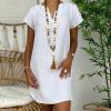 NaRHbrg Women's Linen Tunic Dresses V-Neck Baggy Midi Dress Beach Vacation Solid Plus Size T-Shirt Mini Shift Dress Sundress White view 2