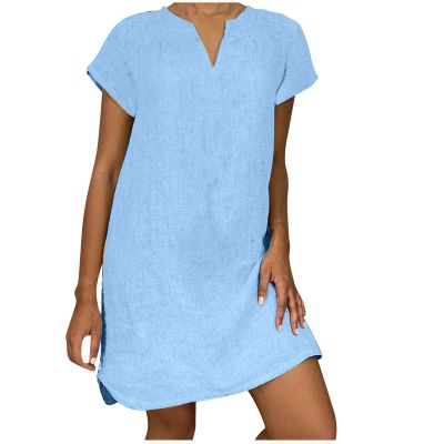 NaRHbrg Women's Linen Tunic Dresses V-Neck Baggy Midi Dress Beach Vacation Solid Plus Size T-Shirt Mini Shift Dress Sundress Light Blue