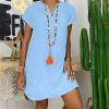 NaRHbrg Women's Linen Tunic Dresses V-Neck Baggy Midi Dress Beach Vacation Solid Plus Size T-Shirt Mini Shift Dress Sundress Light Blue view 2