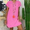 NaRHbrg Women's Linen Tunic Dresses V-Neck Baggy Midi Dress Beach Vacation Solid Plus Size T-Shirt Mini Shift Dress Sundress Pink view 2