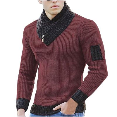 tuduoms Scarf Collar Knitted Sweater for Men Long Sleeve Rib-knit Pullover Slim Fit Comfort Jumper Tops Turtleneck Sweaters