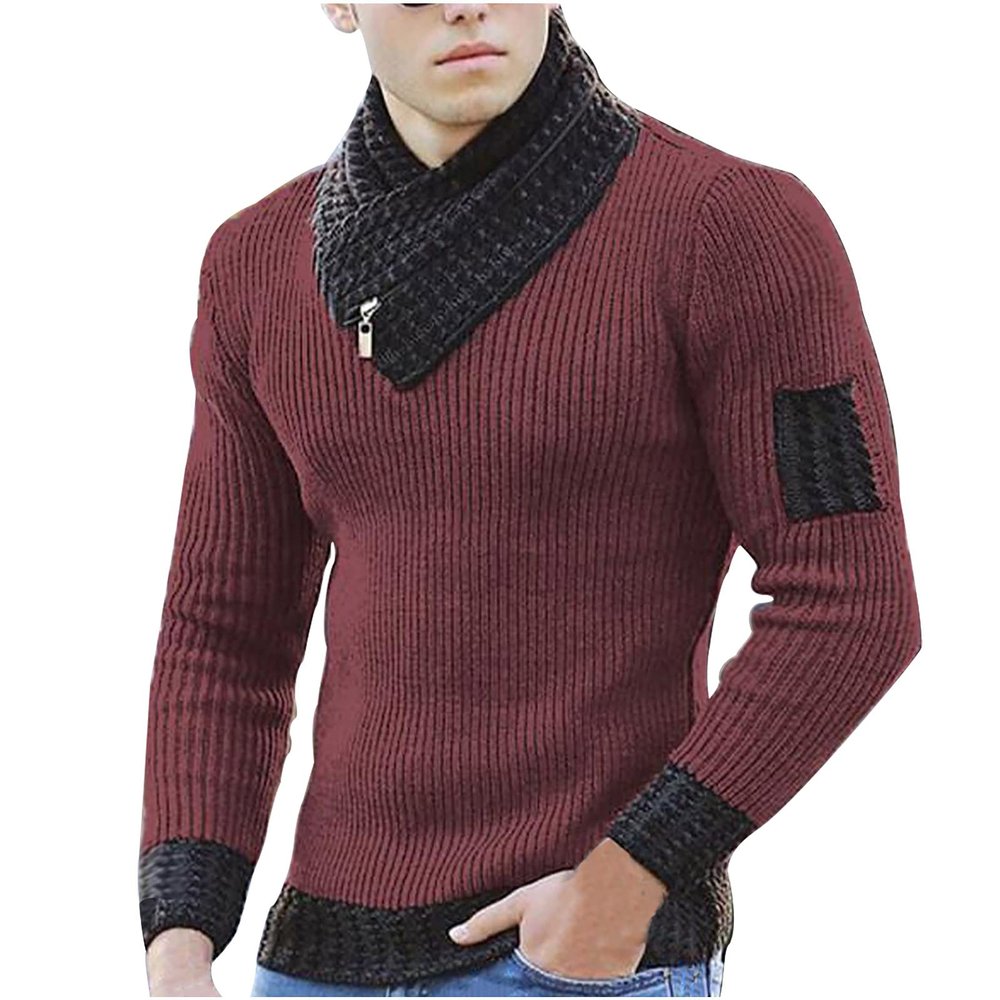 tuduoms Scarf Collar Knitted Sweater for Men Long Sleeve Rib-knit Pullover Slim Fit Comfort Jumper Tops Turtleneck Sweaters