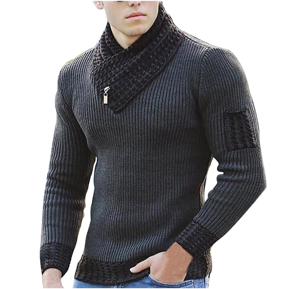 tuduoms Scarf Collar Knitted Sweater for Men Long Sleeve Rib-knit Pullover Slim Fit Comfort Jumper Tops Turtleneck Sweaters