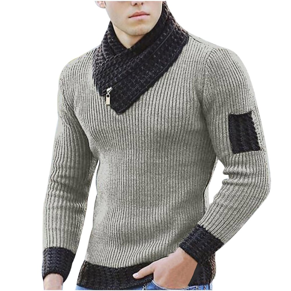 tuduoms Scarf Collar Knitted Sweater for Men Long Sleeve Rib-knit Pullover Slim Fit Comfort Jumper Tops Turtleneck Sweaters