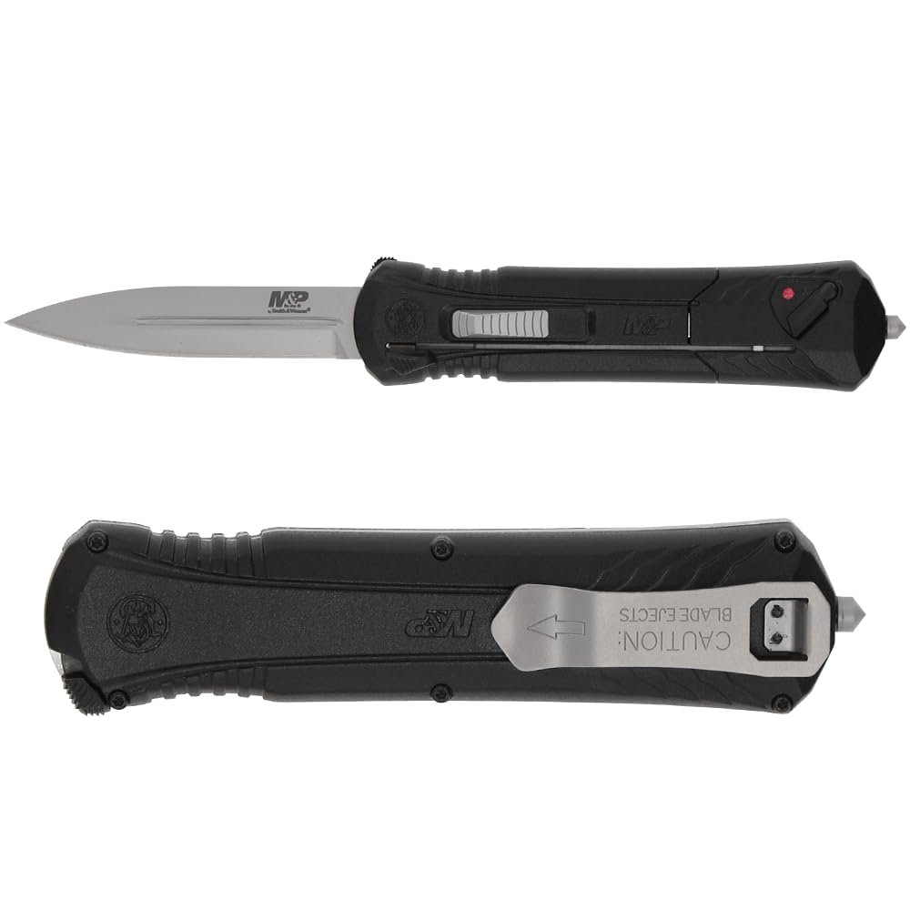 Smith & Wesson M&P Spear Point Satin Knife with 3.5" AUS-8 Steel Blade, Aluminum Handle, Glass Breaker for Tactical, EDC
