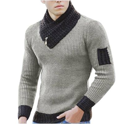 tuduoms Scarf Collar Knitted Sweater for Men Long Sleeve Rib-knit Pullover Slim Fit Comfort Jumper Tops Turtleneck Sweaters