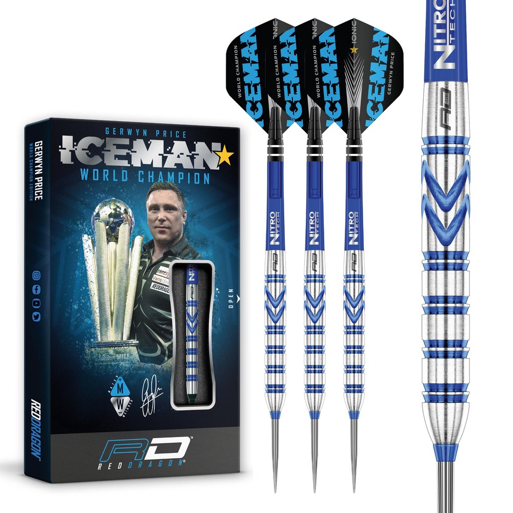 RED DRAGON Gerwyn Price Iceman Originals 23 Gram Professional Tungsten Darts Set with Flights and Stems