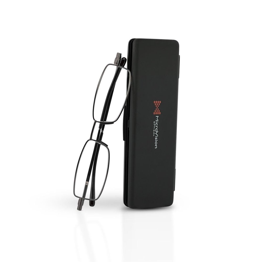 Microvision Flat Folding Reading Glasses, Gunmetal Frame, 1x Magnification For Women and Men, Compact, Portable, Durable