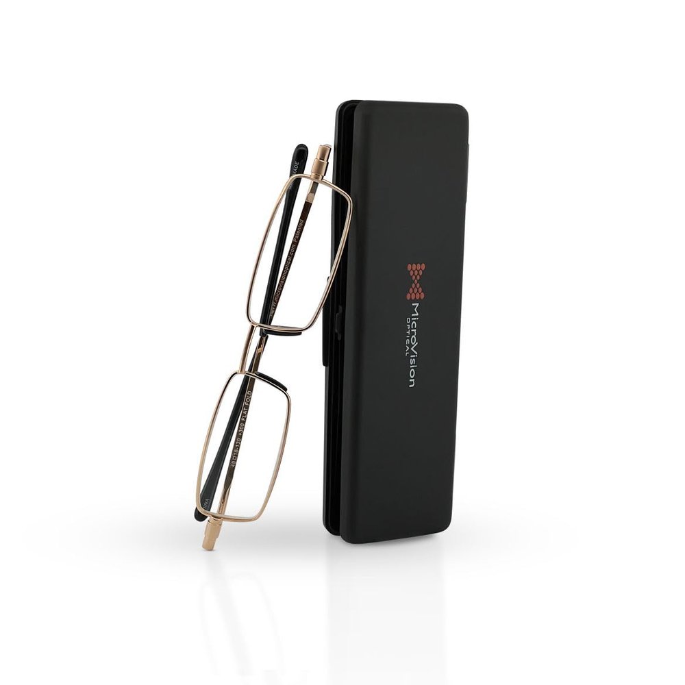 Microvision Flat Folding Reading Glasses, Gold Frame, 3x Magnification For Women and Men, Compact, Portable, Durable