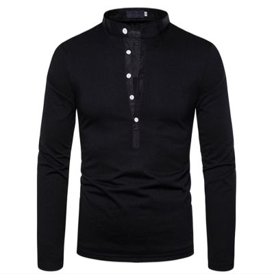 Men's Solid Color Polo Shirt Stylish Deep V-Neck Design Long-Sleeved T-Shirt Fall/Winter Pullover Bottoming Shirt (Black,Large)