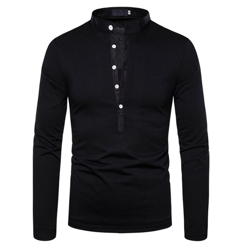 Men's Solid Color Polo Shirt Stylish Deep V-Neck Design Long-Sleeved T-Shirt Fall/Winter Pullover Bottoming Shirt (Black,Large)