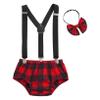 Yeahdor Baby Boys Cake Smash Clothes Plaid Diaper Suspenders Pants Bow Tie Set for Photo Prop Red 9-12 Months view 1