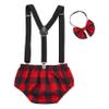 Yeahdor Baby Boys Cake Smash Clothes Plaid Diaper Suspenders Pants Bow Tie Set for Photo Prop Red 9-12 Months view 2