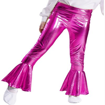 Oyolan Girls Ballroom Dance Pants Metallic Flare High Waisted Bell Bottom Legging Pants Jazz Hip Hop Dance Trousers Hot Pink 6 Years