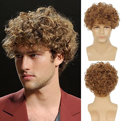 Beweig Mens Short Curly Light Brown Wig with Bang Synthetic Cosplay Halloween Costume Party Natural Hair Wig