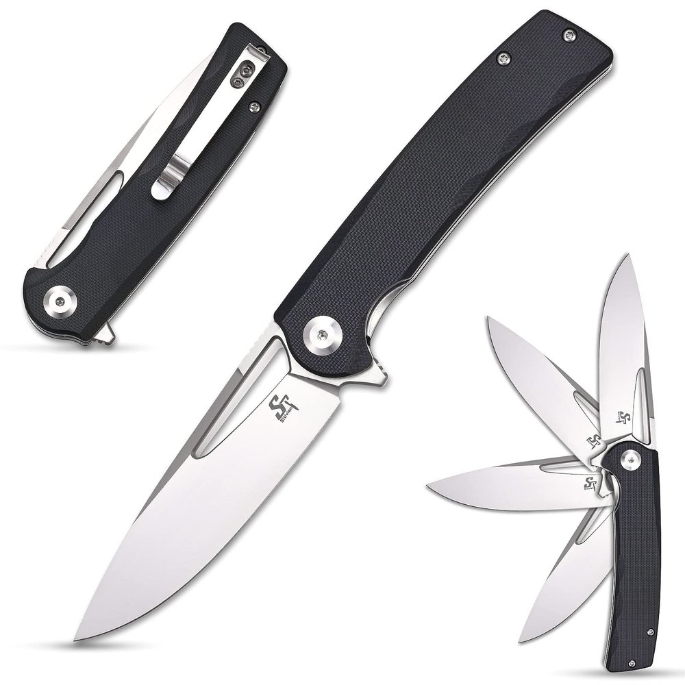 Sitivien ST126 Folding Knife,D2 Satin Blade+G10 Handles,Liner Lock,Deep Carry Pocket Clip for Outdoor and EDC(Black)