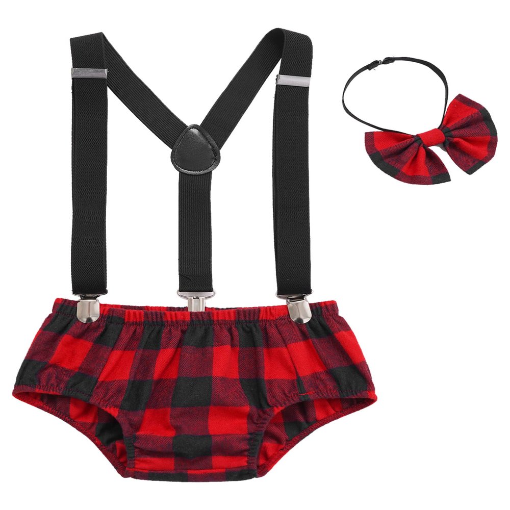 Alvivi Baby Boys Girls Outfit Y-Shape Plaid Suspender Bloomers Bow Tie for Cake Smash Birthday Party Red 6-9 Months