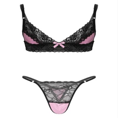 ACSUSS Men Lingerie Sissy Floral Lace Trim Wire-Free Bra Tops with Lace Patchwork Thong Briefs Pink Medium