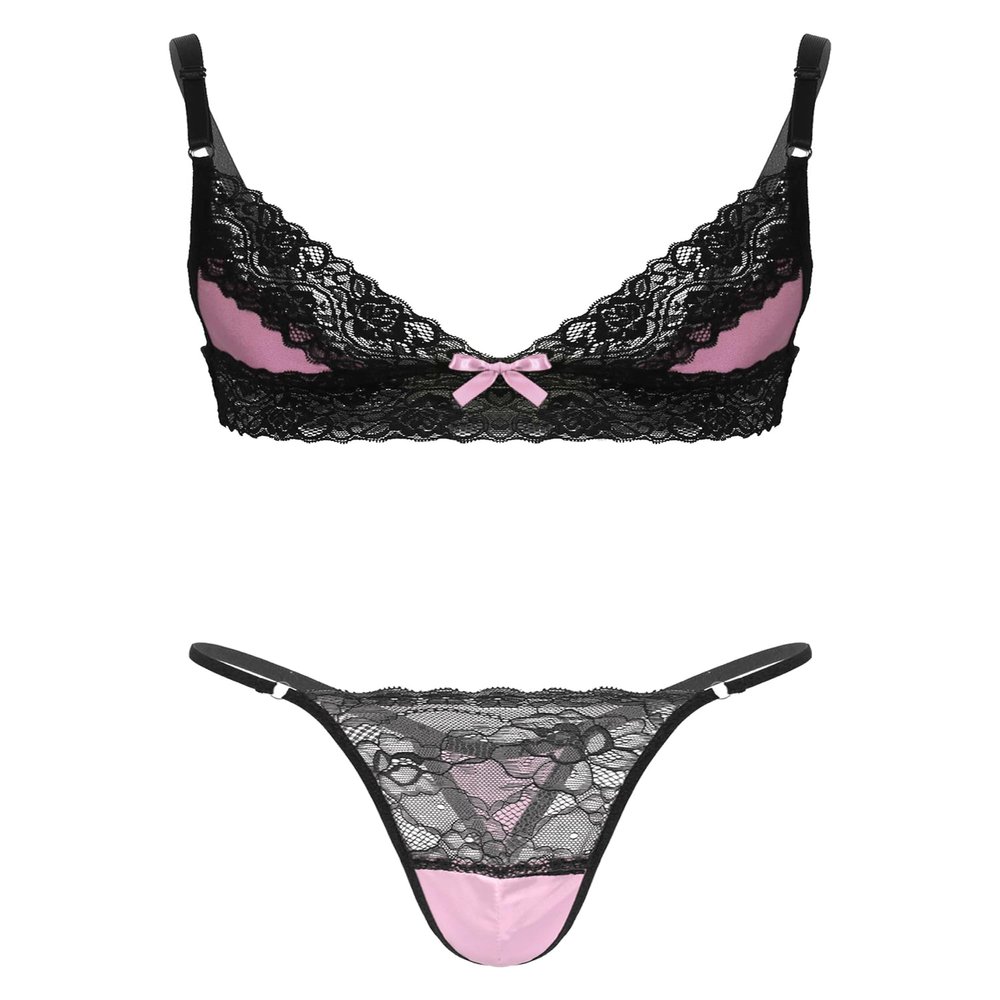 ACSUSS Men Lingerie Sissy Floral Lace Trim Wire-Free Bra Tops with Lace Patchwork Thong Briefs Pink Medium