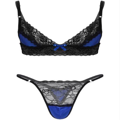 ACSUSS Men Lingerie Sissy Floral Lace Trim Wire-Free Bra Tops with Lace Patchwork Thong Briefs Blue Large