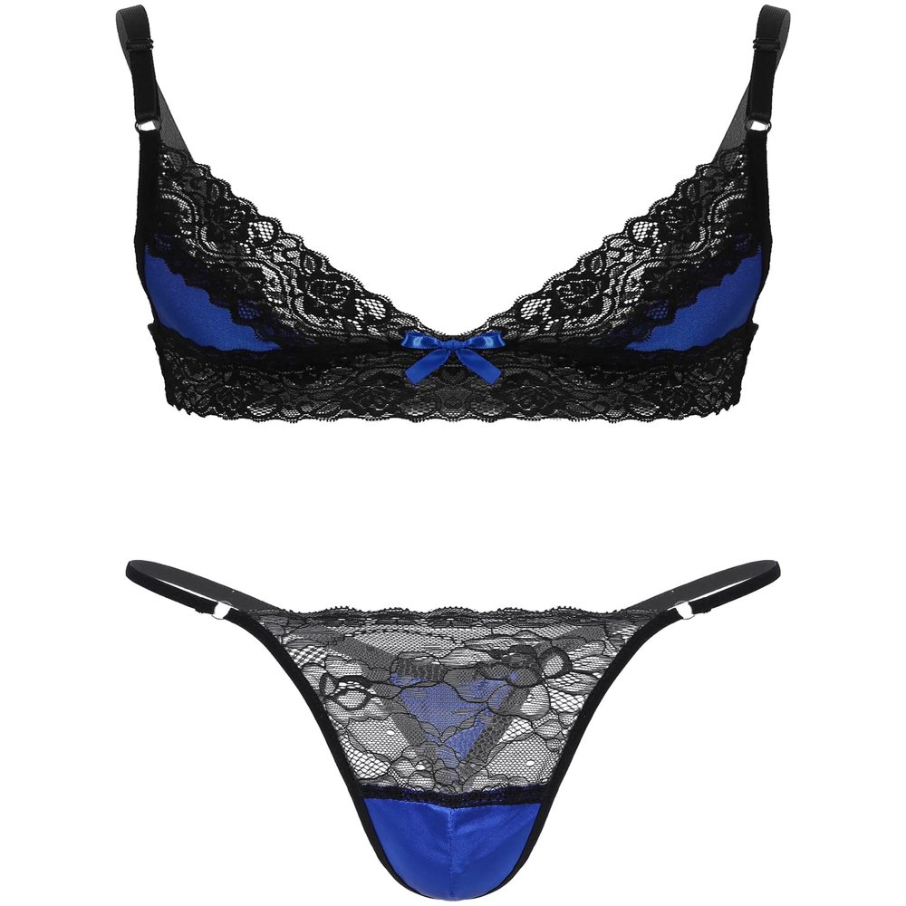 ACSUSS Men Lingerie Sissy Floral Lace Trim Wire-Free Bra Tops with Lace Patchwork Thong Briefs Blue Large