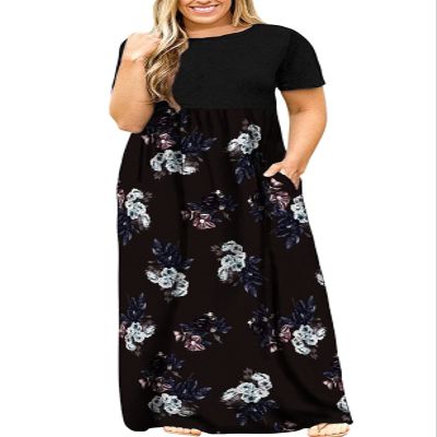 5X Dresses for Plus Size Women Maxi Short Sleeve Printed Empire Waist Beach Summer Dress Black Purple