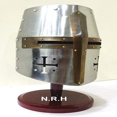 Nautical Replica Hub Medieval Metal Knight Helmets Crusades Templar Halloween Helmet Wearable W/Stand Medieval Costumes Silver Finish Helmet