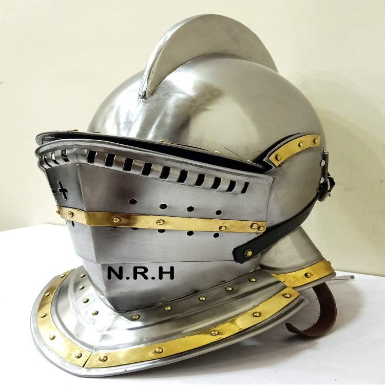 Medieval European Closed Helmet Knights Armor Helmet Roman Burgonet Halloween Helmet Silver Finish