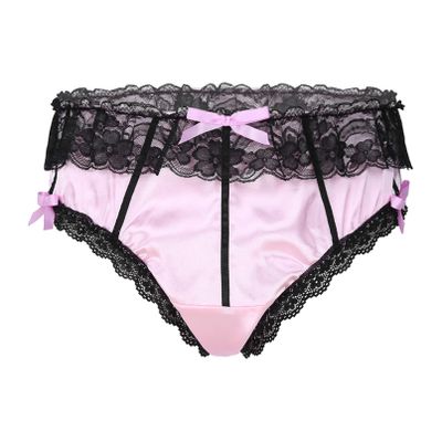 Moily Men's Satin Shiny Lace Trim Bowknot Bikini Briefs Panties Sissy Crossdressing Underwear Pink Medium