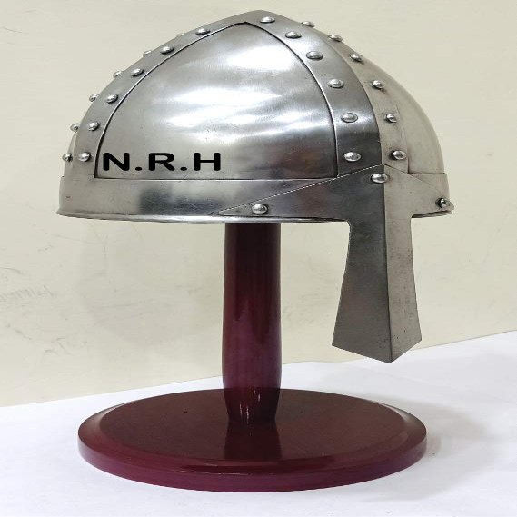 Medieval Mens Norman Helmet One Size Fits Most Silver Halloween Armor Helmet with Wooden Stand