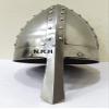 Medieval Mens Norman Helmet One Size Fits Most Silver Halloween Armor Helmet with Wooden Stand view 3