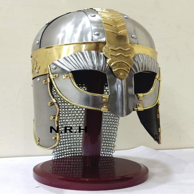 Medieval Norman Viking Armor Helmet Silver Helmet Spectacle Armour Helmet W/Wooden Stand Brass Design