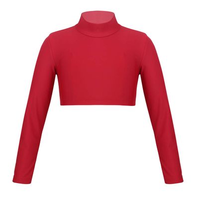 Moggemol Kids Girls Long Sleeve Mock Neck Athletic Crop Tops Yoga Gymnastics Ballet Dance Activewear Shirts Red 12 Years