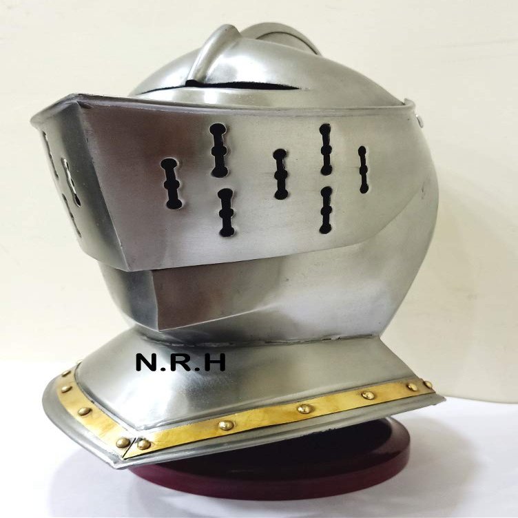 Armor Supplies Close European Medieval Halloween Helmet Brass Design Silver Finish with Wooden Stand Helmet