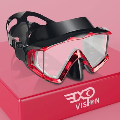 Adult Pano 3 Window Scuba Diving Mask, Tempered Glass Snorkel Mask Anti-Fog Swim Mask No Leakage Swim Goggles with Nose Cover Snorkeling Gear for Snorkeling, Freediving, Swimming (Crystal Red)