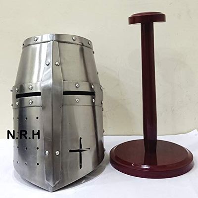Medieval Silver Crusader Knight Templar Premium Steel Halloween Helmet | Props & Head Wear Larpers Helmet with Wooden Stand