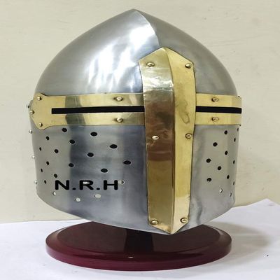 Medieval Sugarloaf Spartan Helmet Roman Silver Halloween Helmet Knight Ancient Armor with Wooden Stand