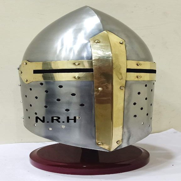 Medieval Sugarloaf Spartan Helmet Roman Silver Halloween Helmet Knight Ancient Armor with Wooden Stand