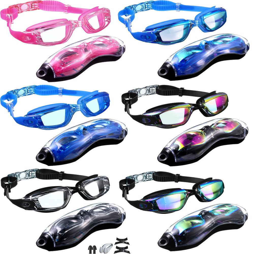 Flutesan 6 Pack Swim Goggles Swimming Goggles No Leaking Full Protection Glasses for Men Women Youth UV Protection Fog Proof Swim Goggles with Nose Clips Ear Plugs Storage Boxes