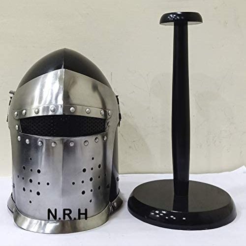 Barbuta Viking Battle Knight Helmet | Black Medieval Visored Barbute Helm Armor SCA LARP Costume Halloween Helmet W/Stand