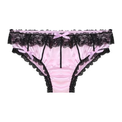 Yihuimin Mens Satin Floral Lace Bikini Briefs French Maid Sissy Crossdress Panties Underwear Pink XX-Large