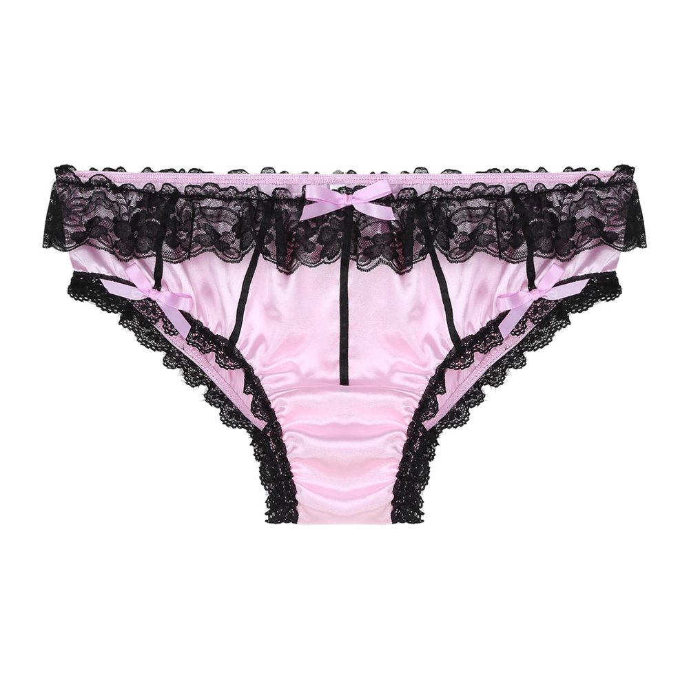 Yihuimin Mens Satin Floral Lace Bikini Briefs French Maid Sissy Crossdress Panties Underwear Pink XX-Large