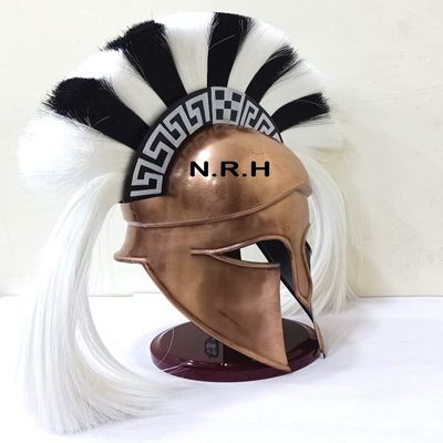 Greek Corinthian Helmet Ancient Medieval Armor Knight Spartan Copper Halloween Helmet with Black & White Plume with Wooden Stand