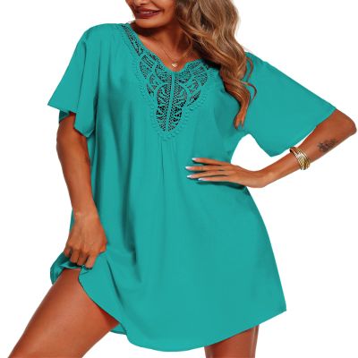 Supnier Swimsuit Coverup for Women V Neck Short Sleeve Loose Solid Color Bathing Suit Beach Cover Up Dress Blue Green M