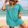 Supnier Swimsuit Coverup for Women V Neck Short Sleeve Loose Solid Color Bathing Suit Beach Cover Up Dress Blue Green M view 2