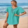 Supnier Swimsuit Coverup for Women V Neck Short Sleeve Loose Solid Color Bathing Suit Beach Cover Up Dress Blue Green M view 3