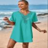 Supnier Swimsuit Coverup for Women V Neck Short Sleeve Loose Solid Color Bathing Suit Beach Cover Up Dress Blue Green M view 4