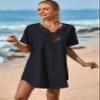 Supnier Plue Size Cover Ups for Swimwear Women Sexy Lace Crochet V Neck Summer Beach Dress with Sleeves Black 3XL view 4