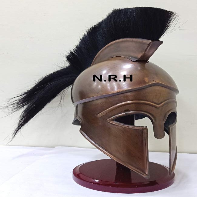 Medieval Greek Corinthian Wearable Armor Halloween Helmet with Plumes & Hairs | Leather Liner with Stand Copper Finish