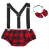 Kaerm 3Pcs Newborn Gentleman Suit Plaid Briefs + Suspender Overalls + Bow Tie Set Baby Boy 1st Birthday Outfit Red 9-12 Months view 1